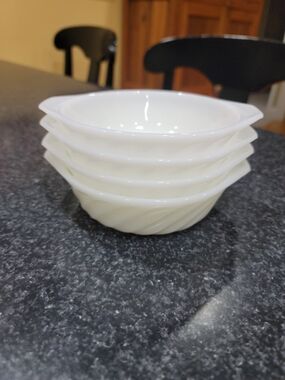 Vintage White Milk Fire King Pressed Glass Swirl Pattern Round Bowl Set of 4